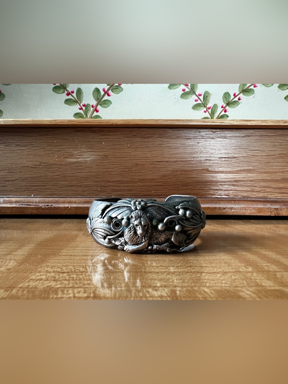 Vintage Carol Felley Sterling Silver Lion Floral Nature Cuff Bracelet Signed